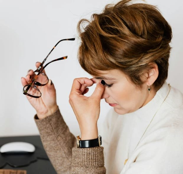Mulher com expressão de cansaço, segurando os óculos e massageando o rosto, com a saúde emocional abalada.