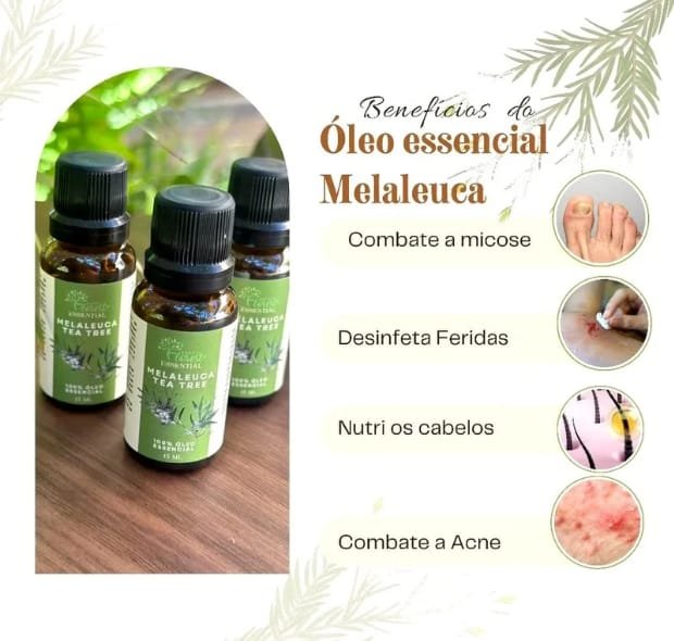 Frascos de óleo essencial de melaleuca com texto destacando benefícios como combate à micose, acne, desinfecção de feridas e cuidado com os cabelos.