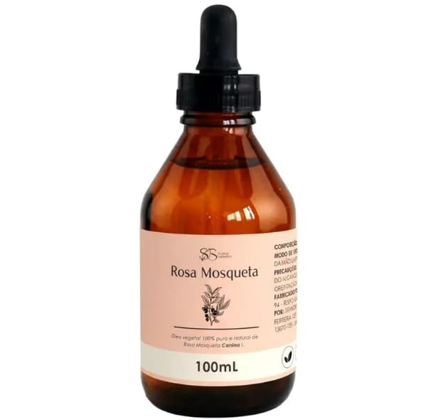 Frasco de óleo de rosa mosqueta 100% puro com conta-gotas, indicado para hidratação da pele, tratamento de manchas, cicatrizes, estrias e prevenção do envelhecimento precoce.